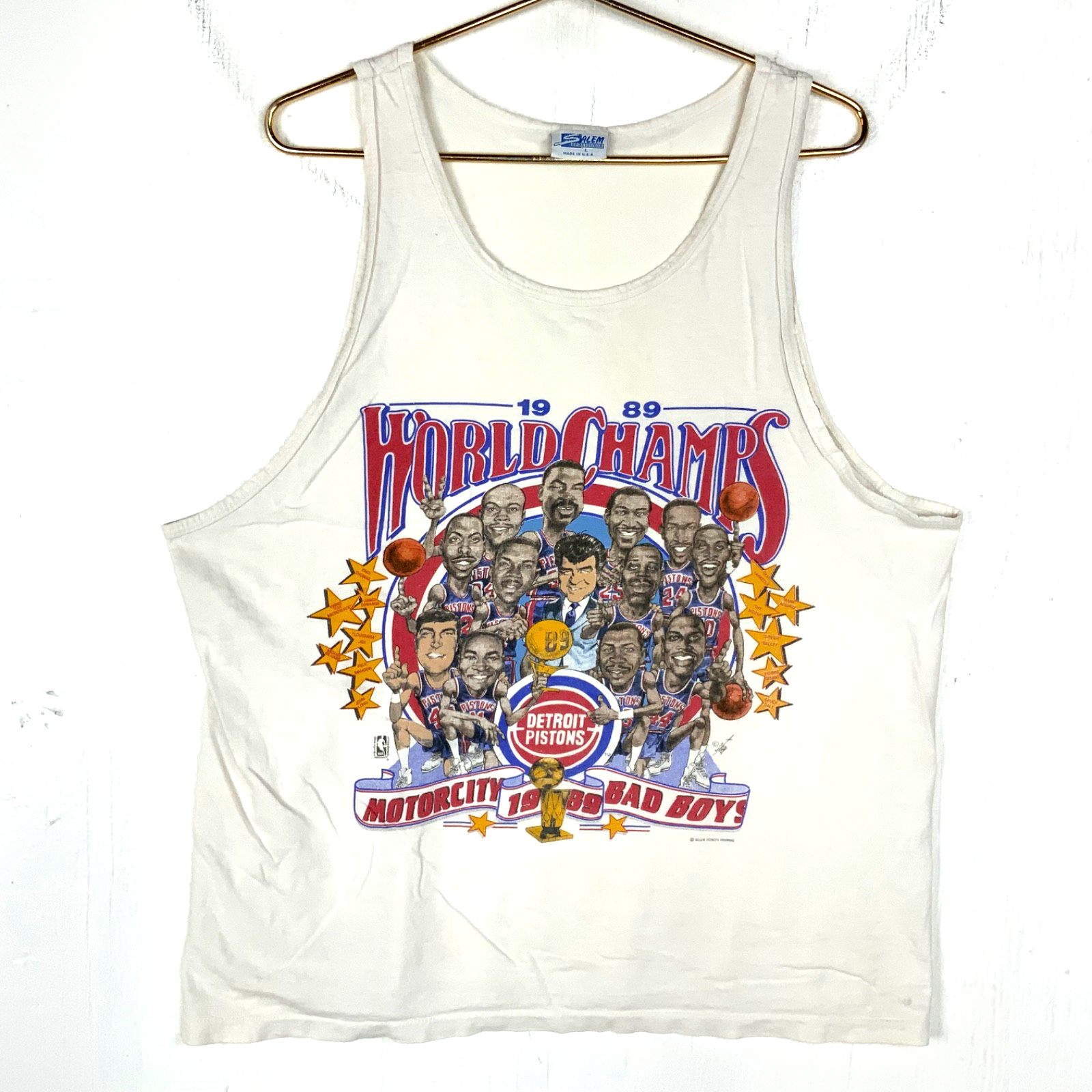 Vintage Detroit Pistons Caricature Salem TankTop Large White Nba 1989 Champs 80s