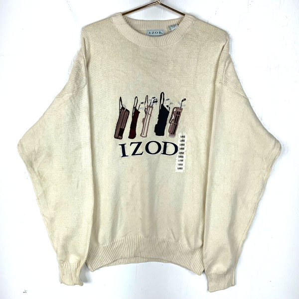 Vintage Izod Knit Sweater Size Large Beige Golf Bags New 90s