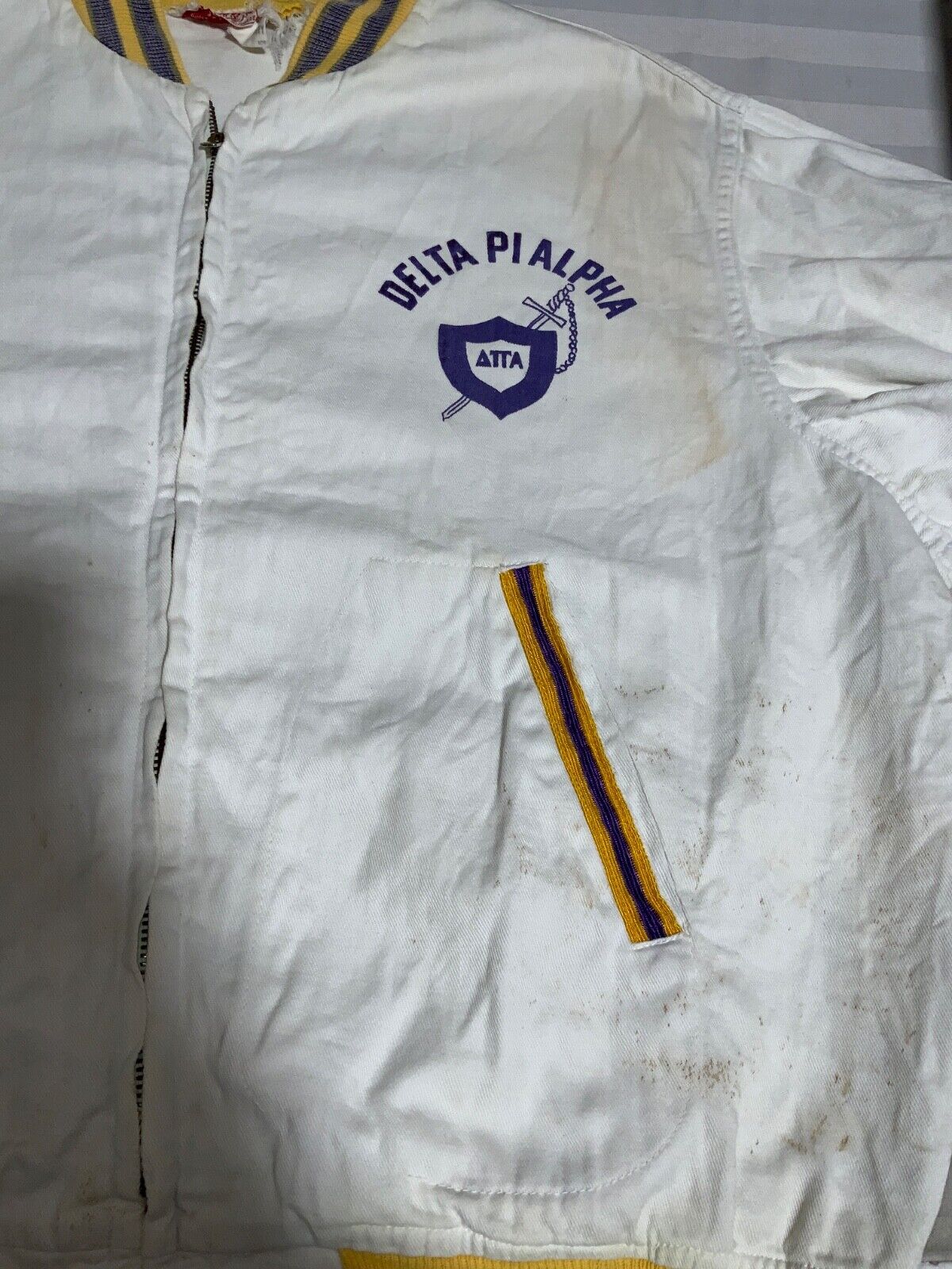 Vintage 1950s Jacket Large Full Zip Distressed Delta Pi Alpha Fraternity Bomber