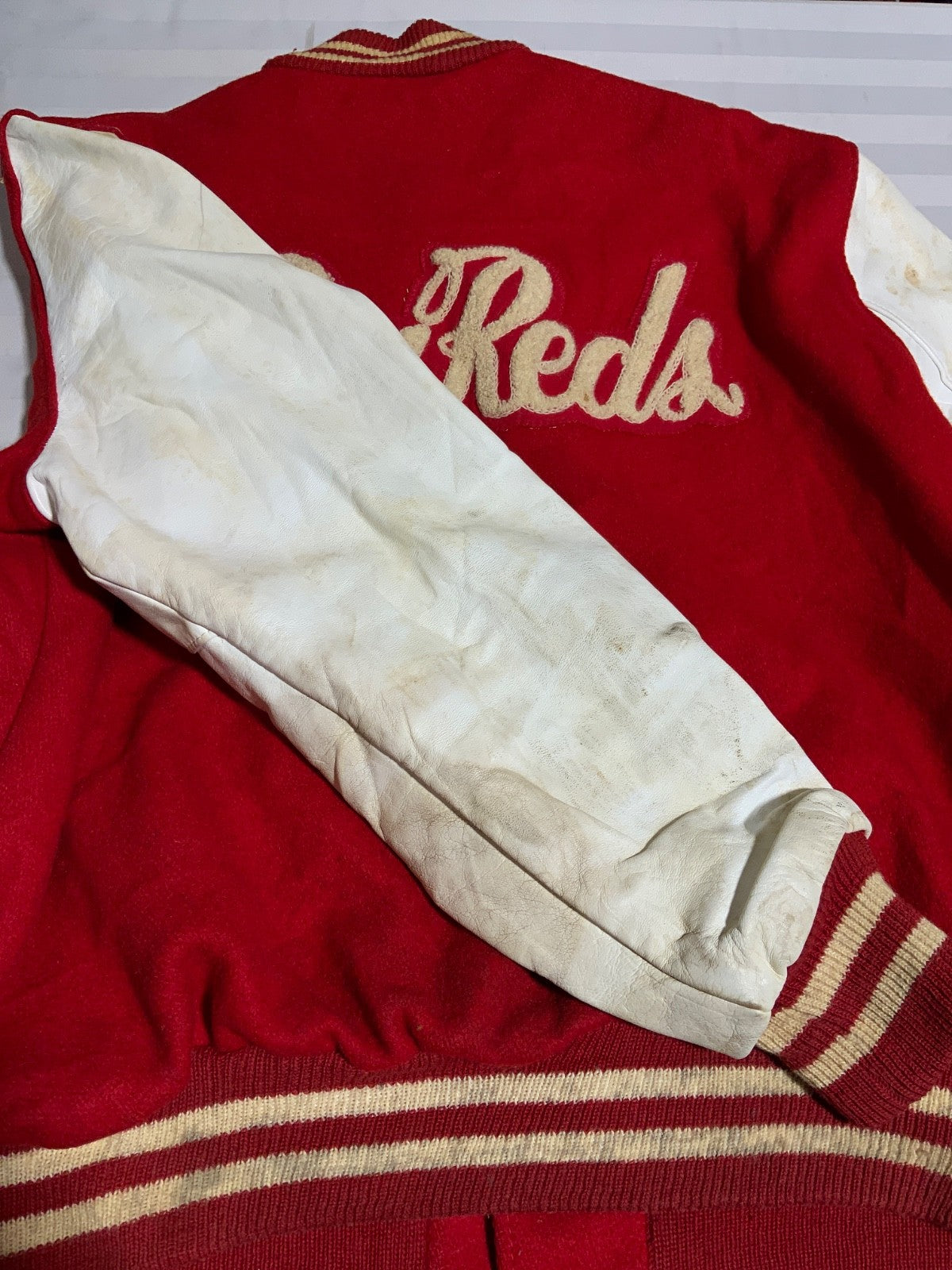 Vintage 1970s Wool Leather Varsity Bomber Jacket Large Red Snap Button Steerhide