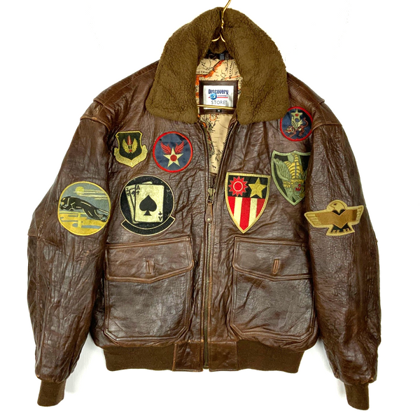 Vintage Discovery Channel Leather Bomber Jacket Medium Brown Full Zip Patchwork
