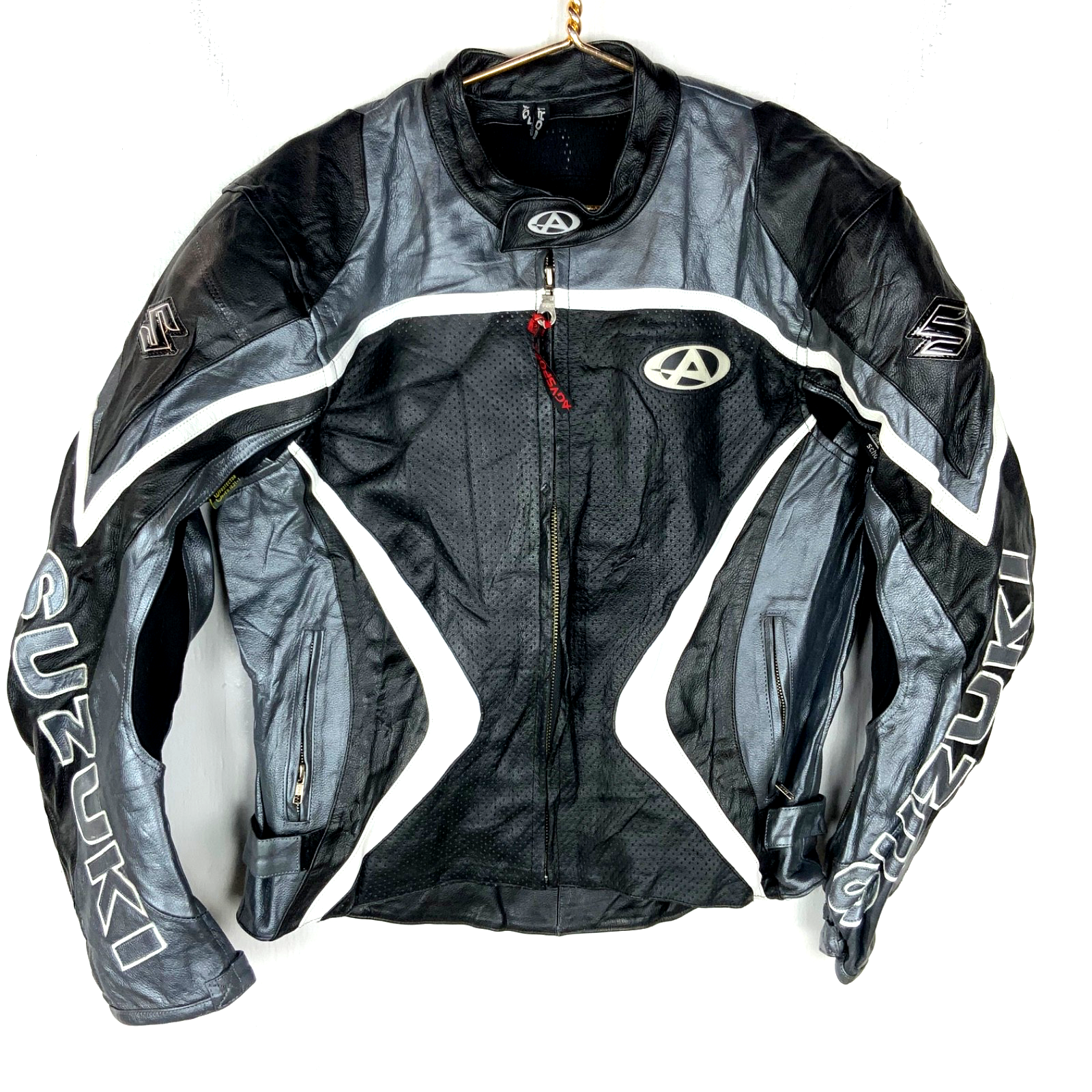 Suzuki Agv Motorcycle Leather Jacket Size 48 Black Full Zip Armoured