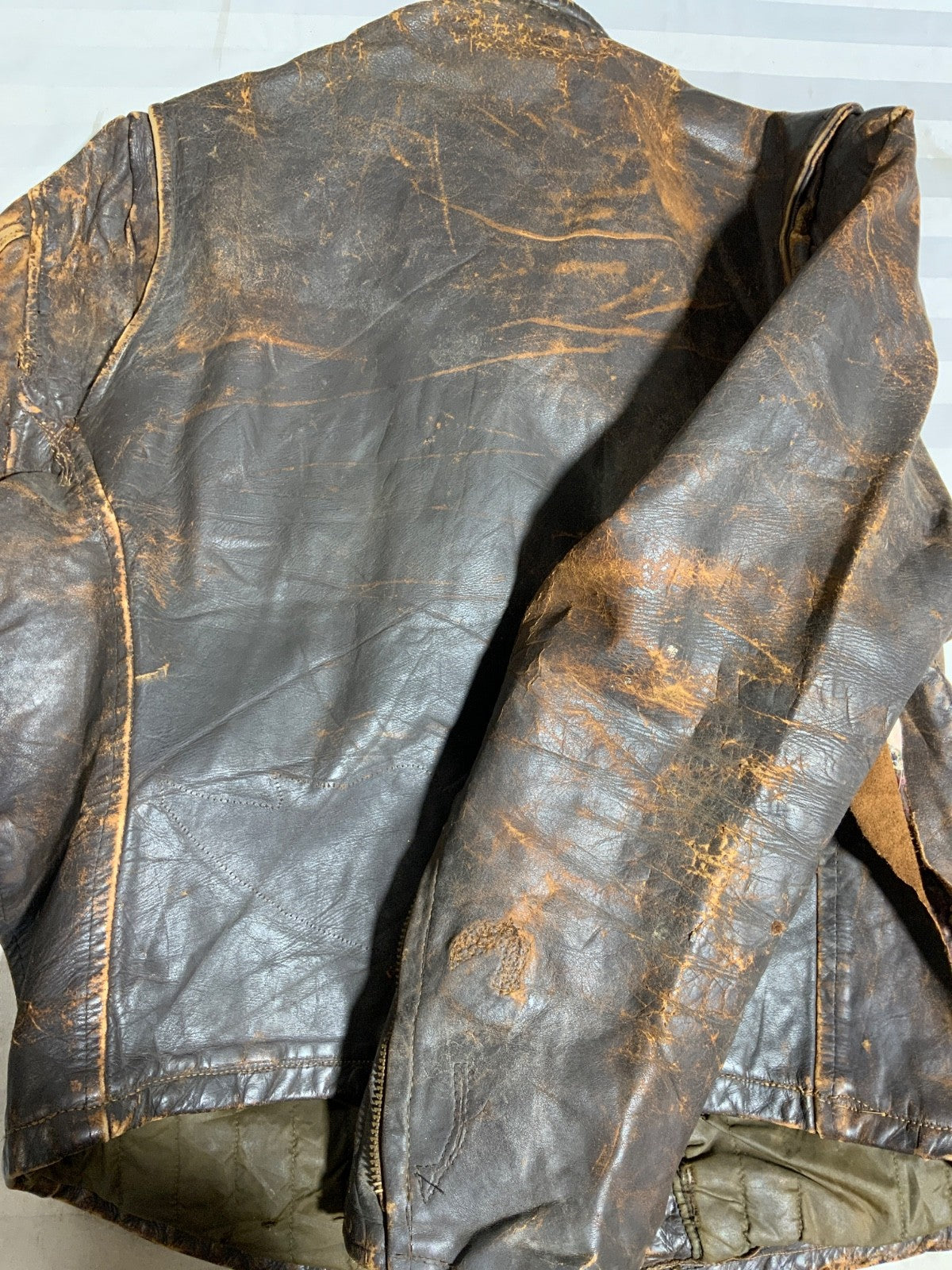Vintage 1970s Leather Cafe Racer Jacket Medium Brown Full Zip Lined Distressed