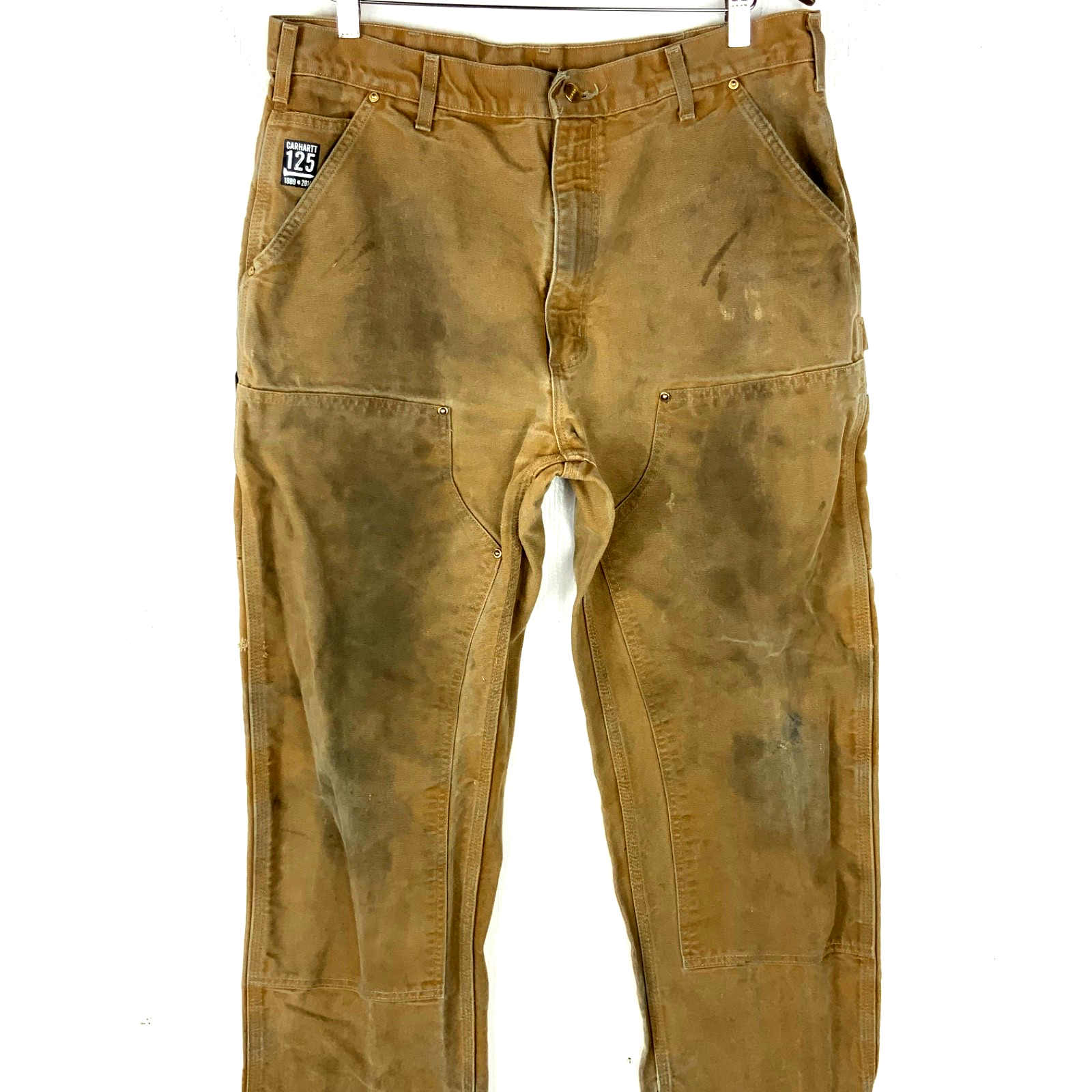 Carhartt Double Knee Dungaree Canvas Workwear Pants 36x34 Brown Distressed