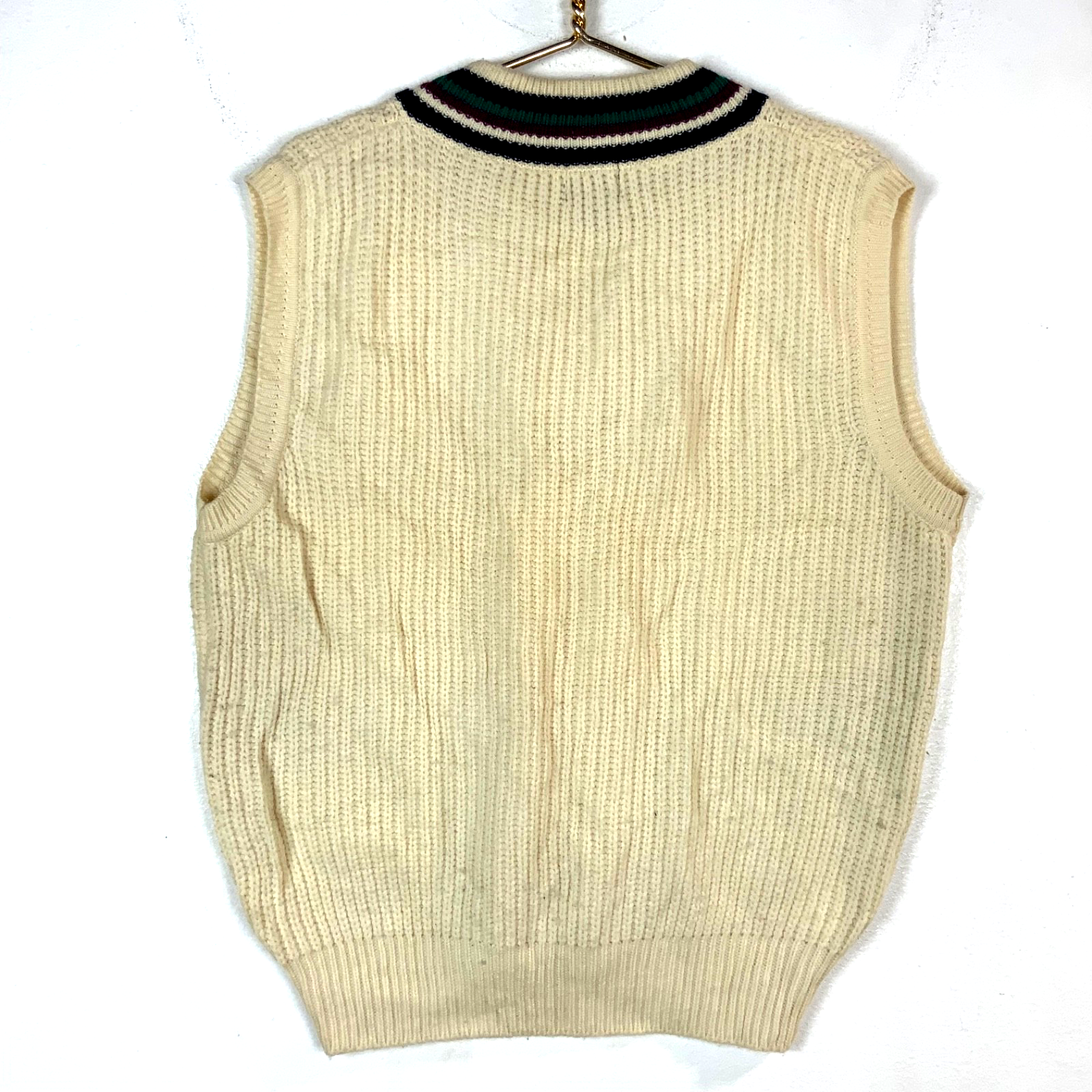 Vintage Izod 1980s Grandpa Wool Cable Knit Sweater Vest Large White V-neck