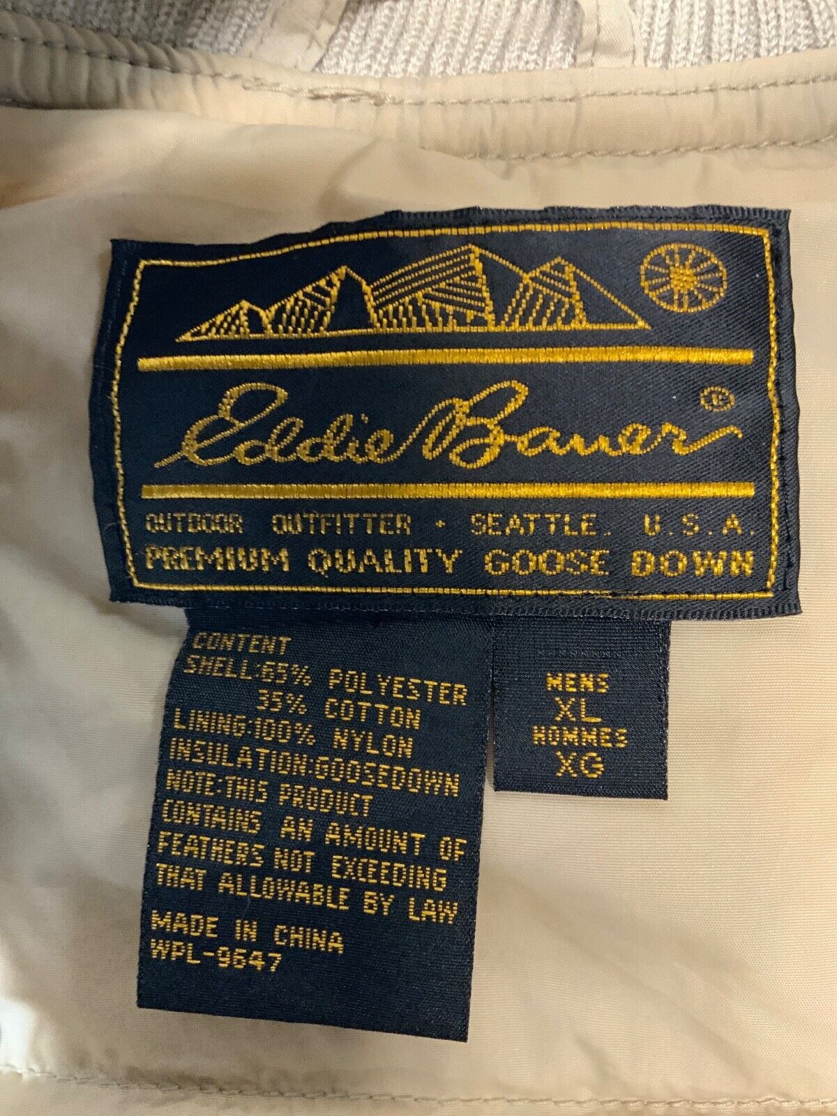 Vintage Eddie Bauer Goose Down Puffer Vest Jacket XL Beige Full Zip 1980s