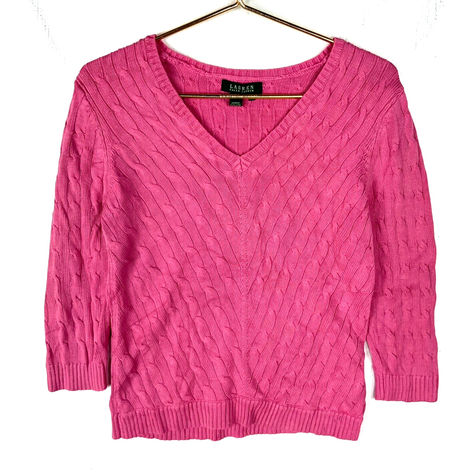 Vintage Lauren Ralph Lauren Cable Knit Sweater Women’s Medium Pink V-neck