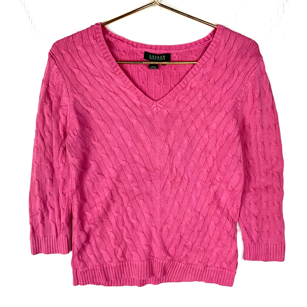 Vintage Lauren Ralph Lauren Cable Knit Sweater Women’s Medium Pink V-neck