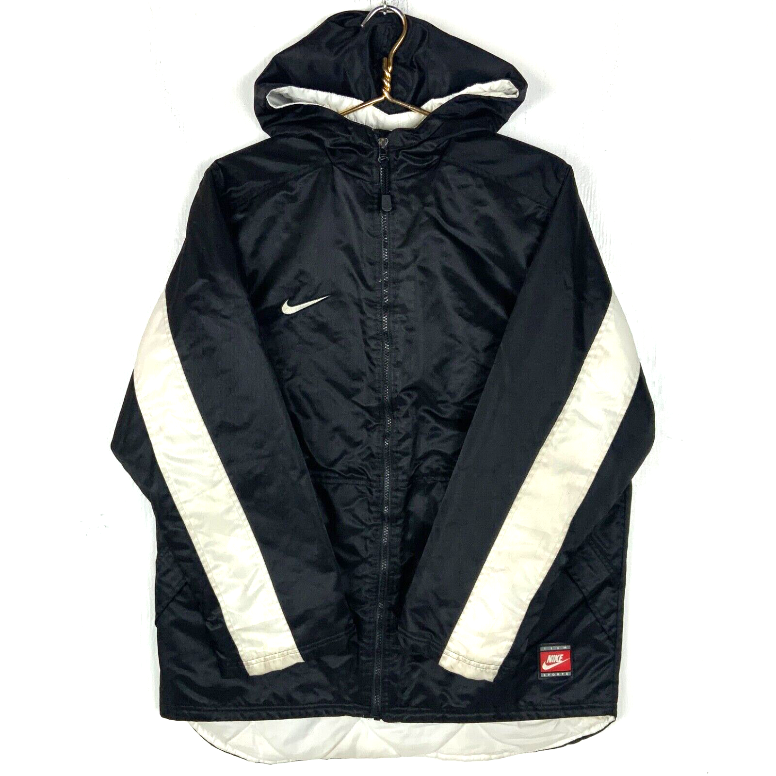 Vintage Nike Jacket Women's XL Black Full Zip Hooded Puffer Swoosh Spell Out 90s