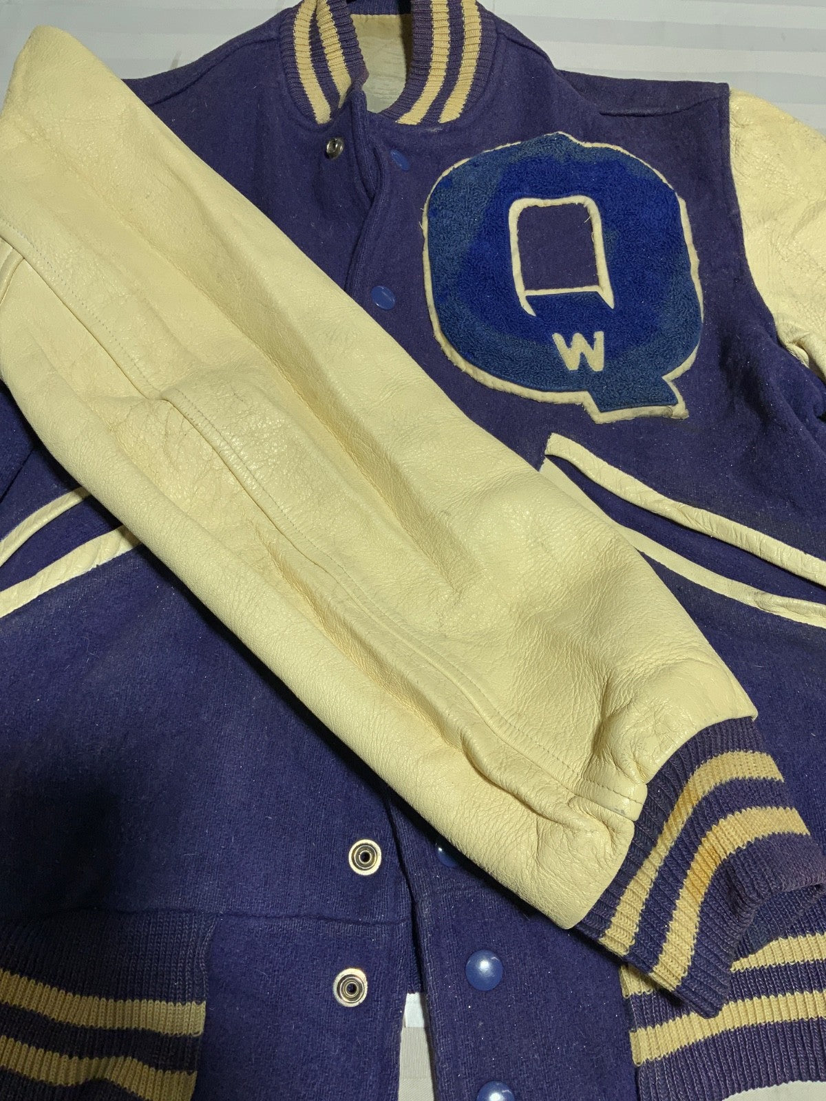 Vintage 1970s Wool Leather Varsity Bomber Jacket Small Blue Snap Button