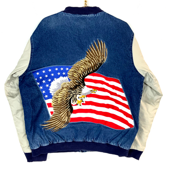 Vintage 1990s Denim Bomber Jacket Large Snap Button American Flag Bald Eagle