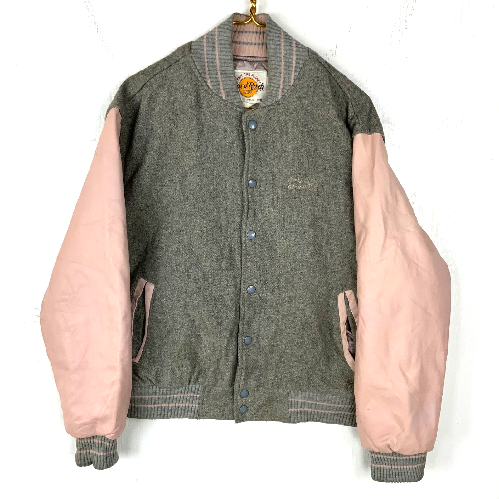 Vintage Hard Rock Cafe Wool Leather Bomber Jacket Medium Gray Snap Button 90s