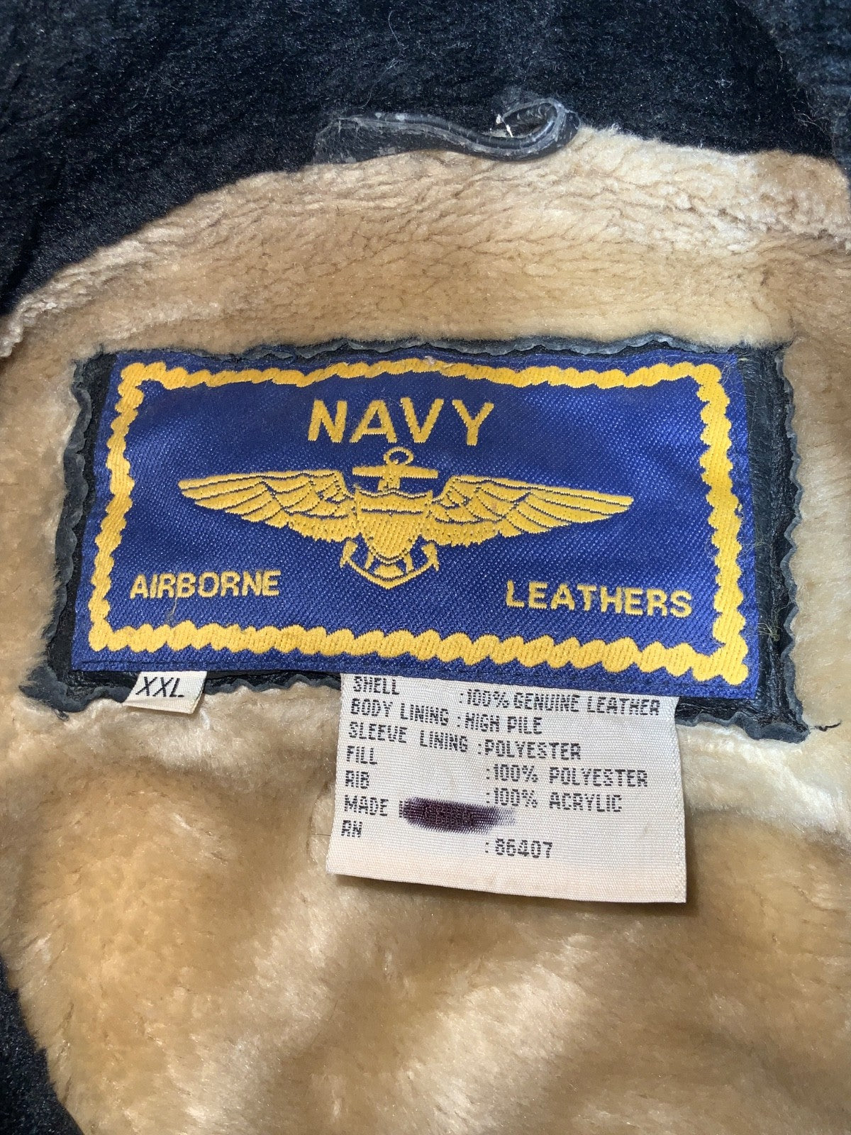Vintage Navy Airborne Leather Flight Bomber Jacket 2XL Full Zip Sherpa Lined