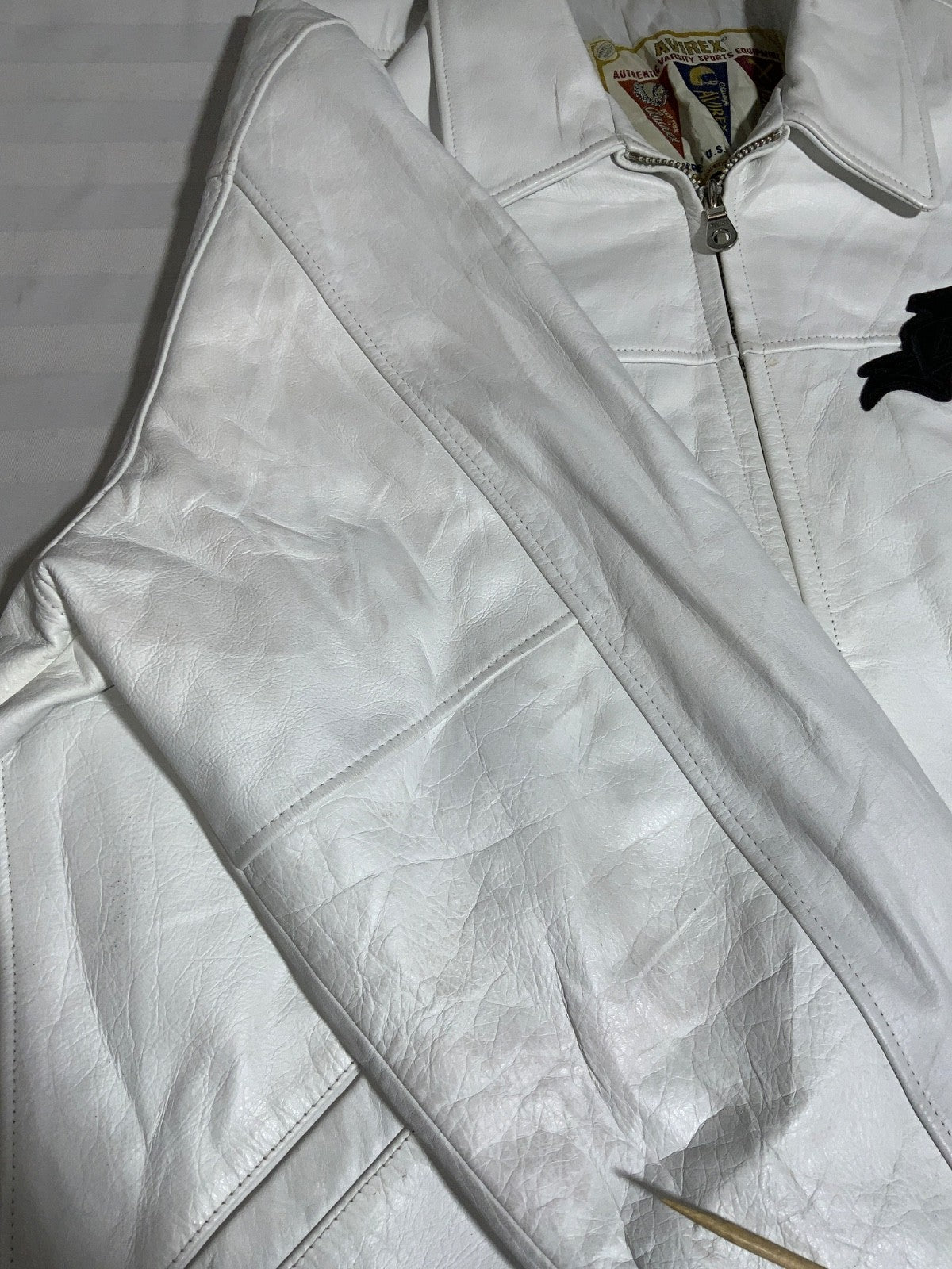 Vintage Avirex Usa Varsity Leather Bomber Jacket 3XL White Lined Full Zip