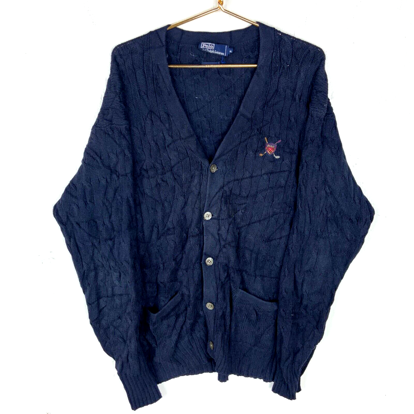 Vintage Polo Ralph Lauren Golf Cable Knit Cardigan Sweater XL Blue 90s