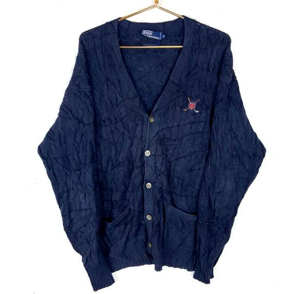 Vintage Polo Ralph Lauren Golf Cable Knit Cardigan Sweater XL Blue 90s