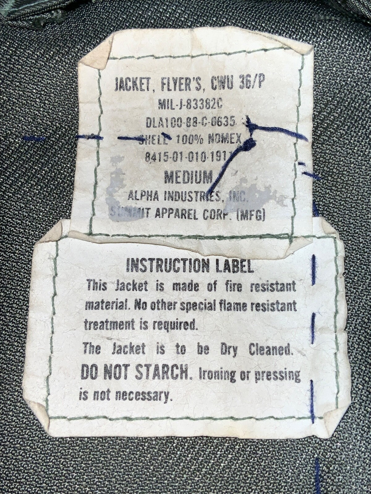 Vintage Us Military Cwu 36/p Flyers Jacket Medium Green Full Zip Patchwork 1988