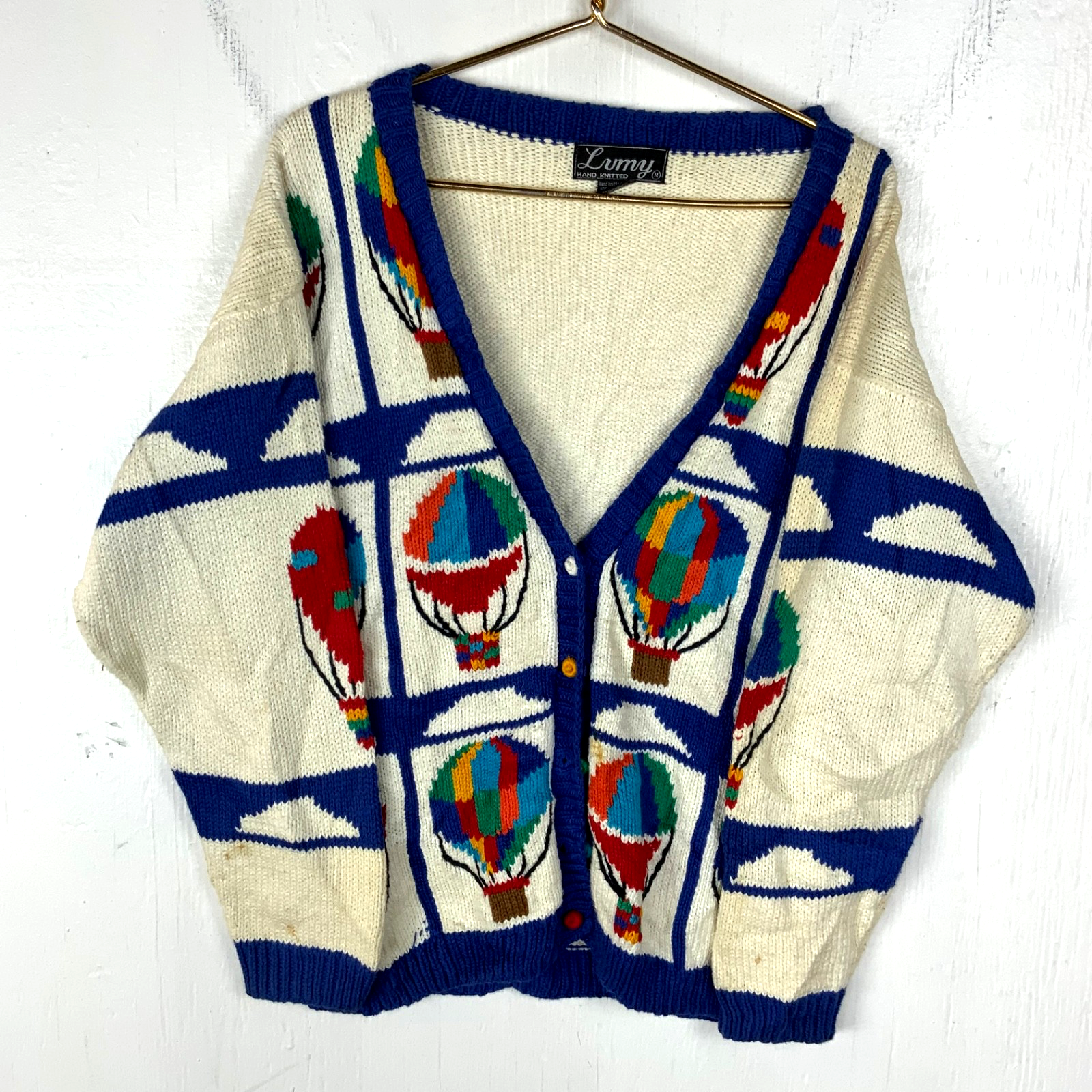 Vintage 1990s Grandpa Knit Sweater Medium White Cardigan Hot Air Balloons