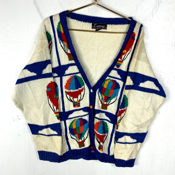 Vintage 1990s Grandpa Knit Sweater Medium White Cardigan Hot Air Balloons
