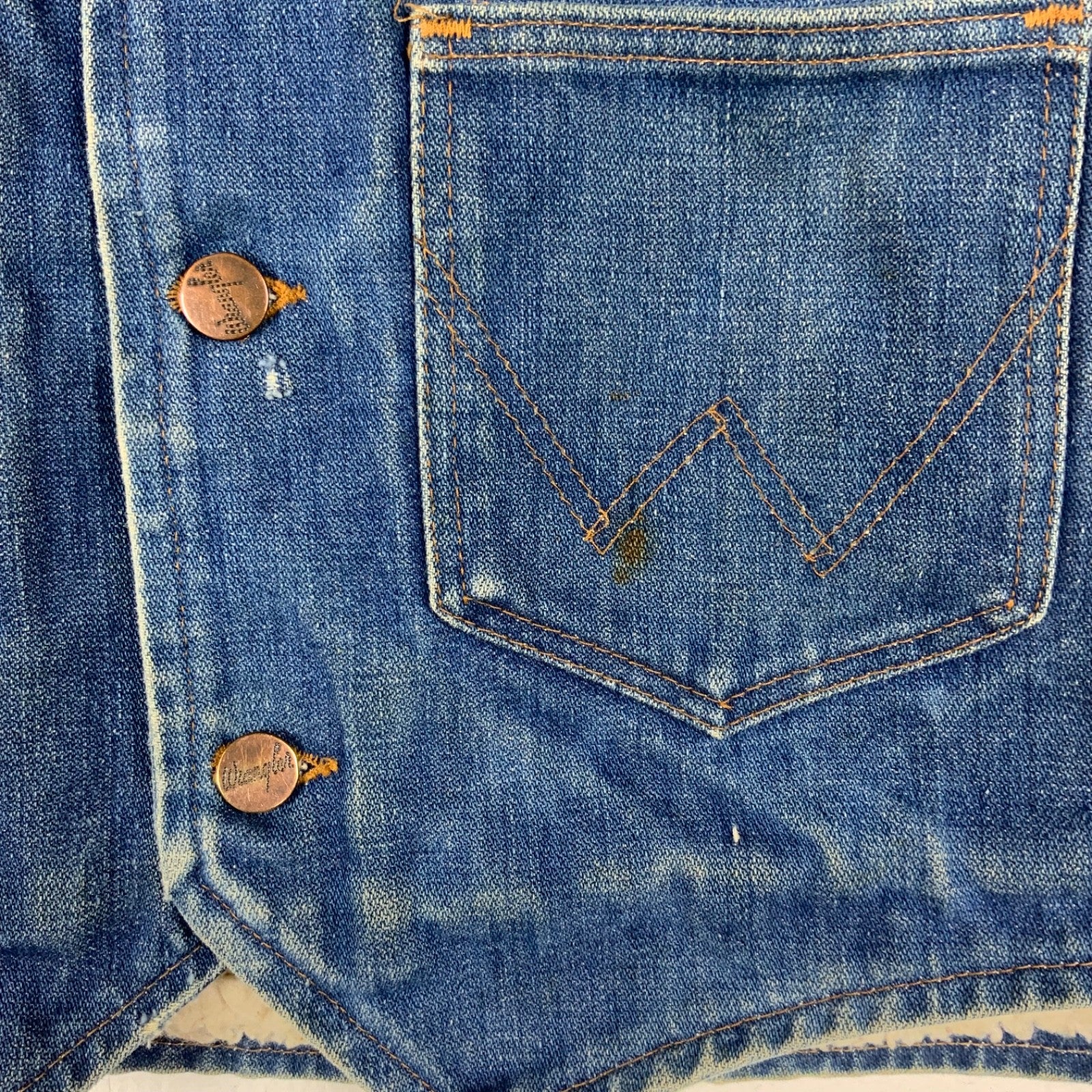 Vintage Wrangler No Fault Denim Jean Vest Small Blue Sherpa Lined 1970s Usa