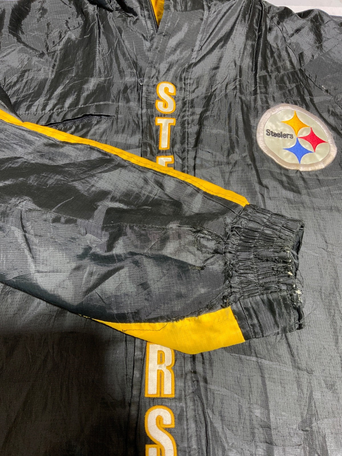 Vintage Pittsburgh Steelers Jacket Large Black Hooded Full Zip Fleece Lined Nfl