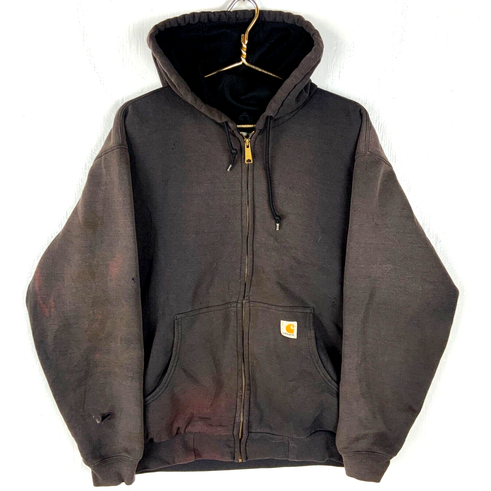 Carhartt Active Lined Sweatshirt Hoodie Jacket Large Black Full Zip Distressed