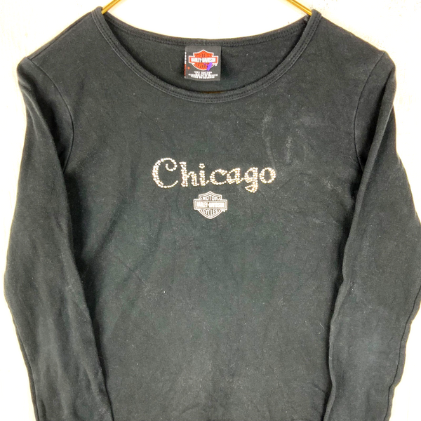 Vintage Harley Davidson Long Sleeve Shirt Women's Small Black Double Bedazzled