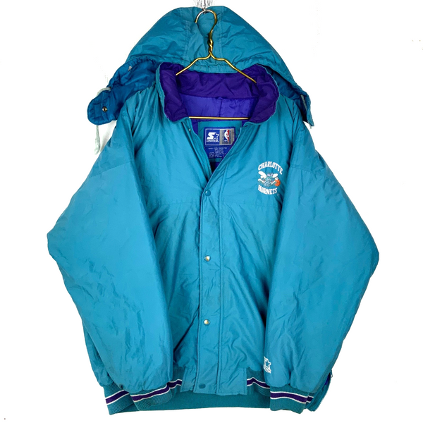 Vintage Charlotte Hornets Starter Bomber Jacket XL Hooded Puffer Full Zip Nba