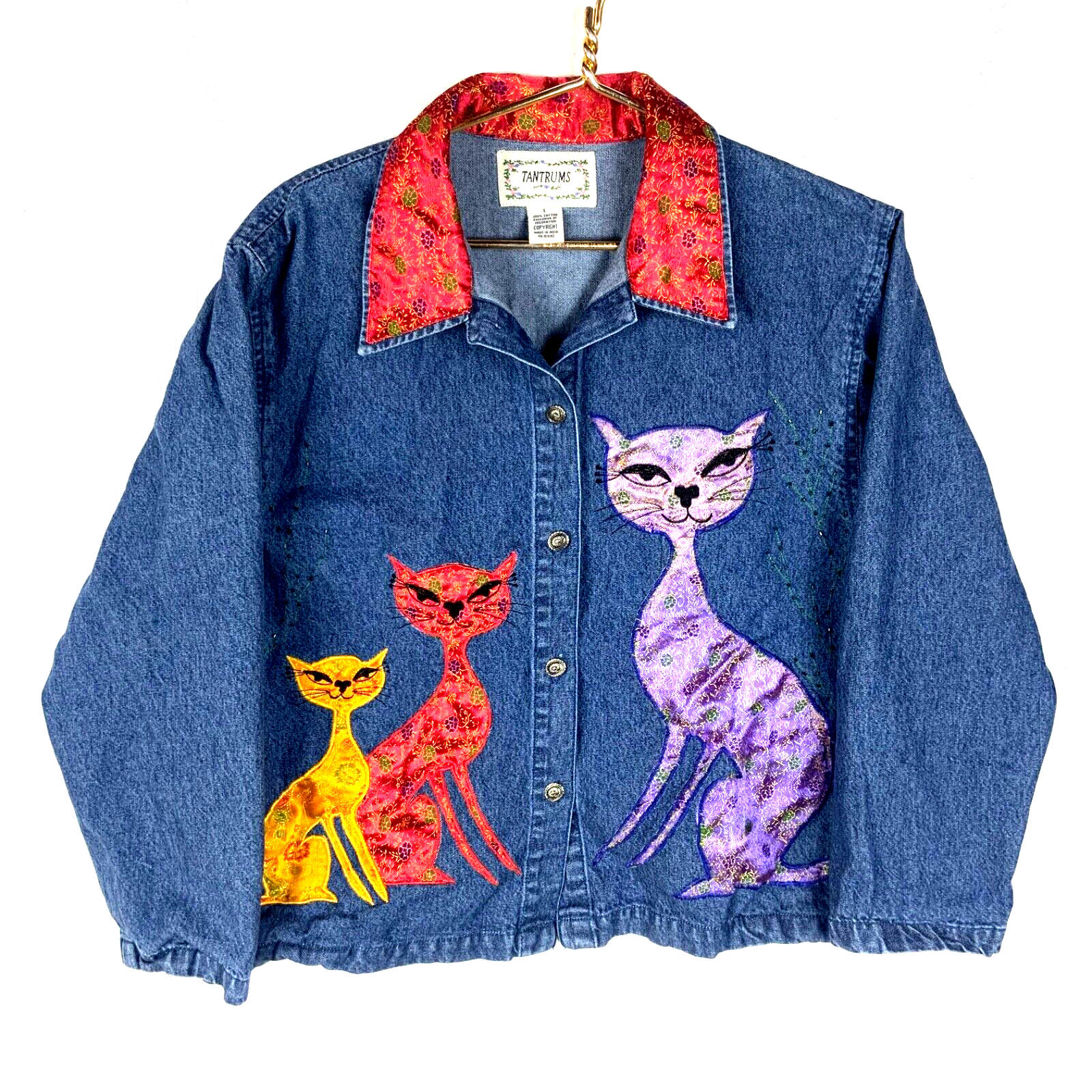 Vintage Women's Denim Shirt Jacket Large Medium Wash Cats Embroidered 90s