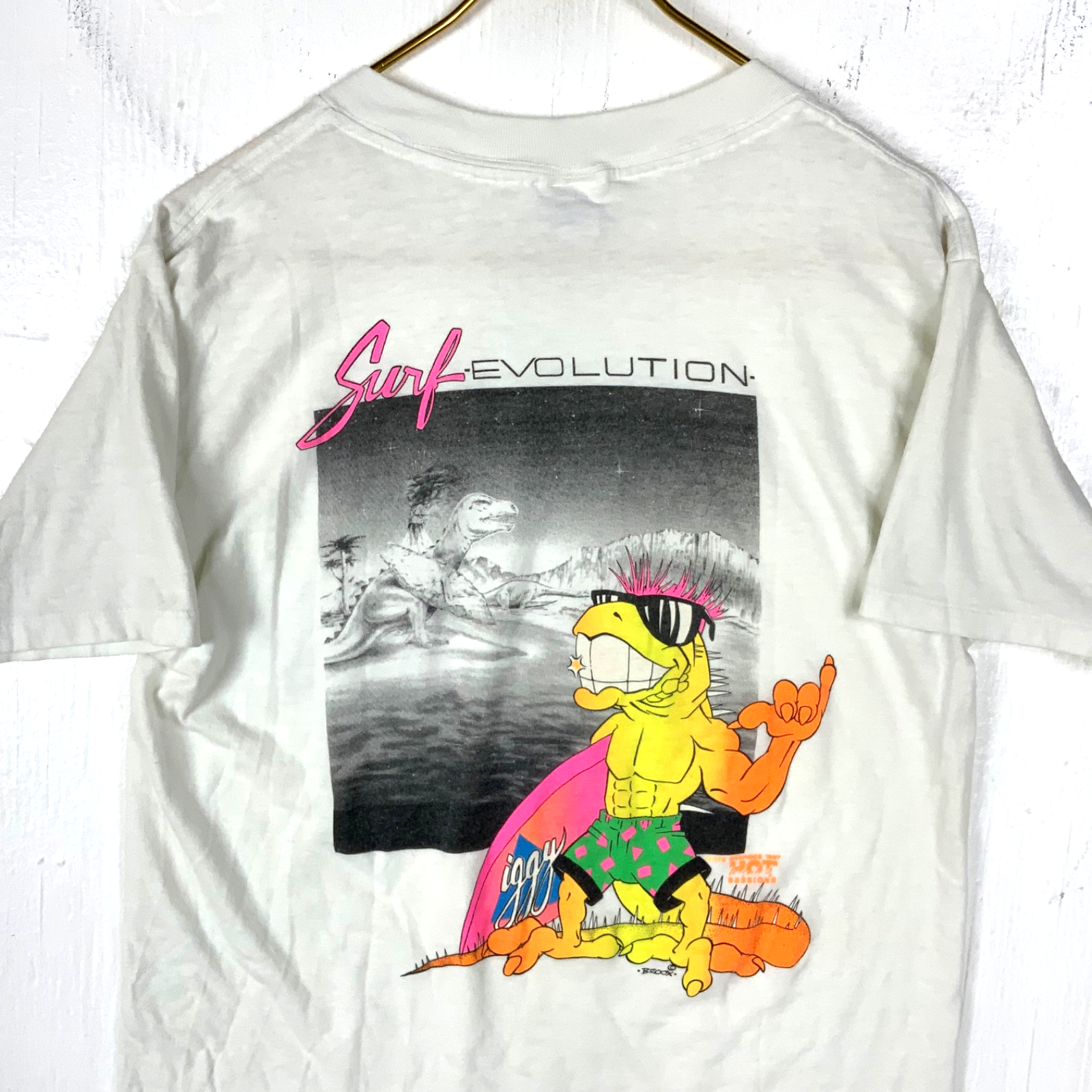 Vintage Surf Evolution T-Shirt Large White Hot Sessions 1987 Iggy Dinosaur 80s