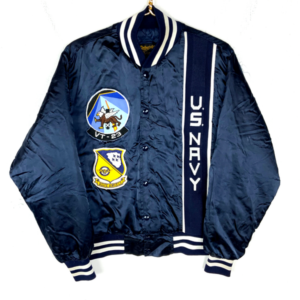 Vintage Us Navy Satin Jacket Medium Blue Snap Button Made In Usa 1980s