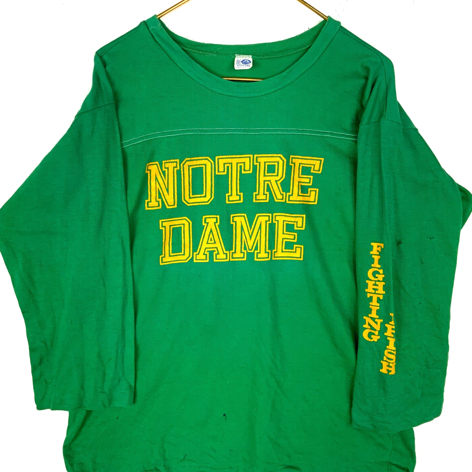 Vintage Notre Dame Fighting Irish T-Shirt XL Green Made Usa 3/4 Sleeve Ncaa 80s