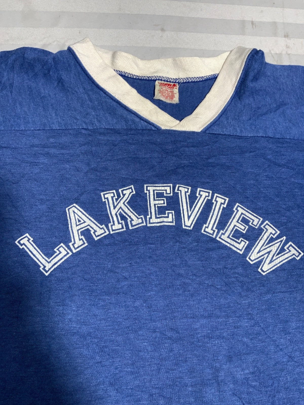 Vintage 1970s Wolf T-Shirt Size XL Blue V-Neck Single Stitch Lakeview