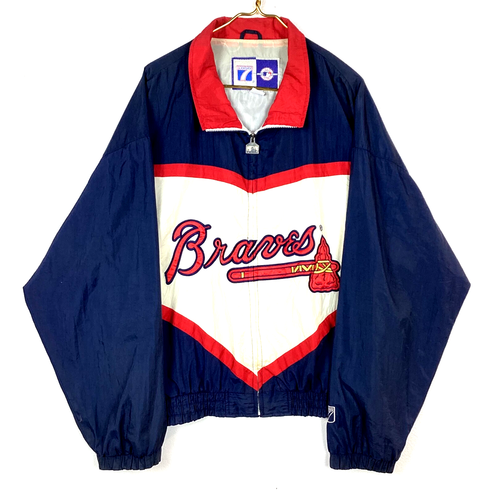 Vintage Logo 7 Atlanta Braves Windbreaker Jacket Size Large Blue Full Zip Mlb