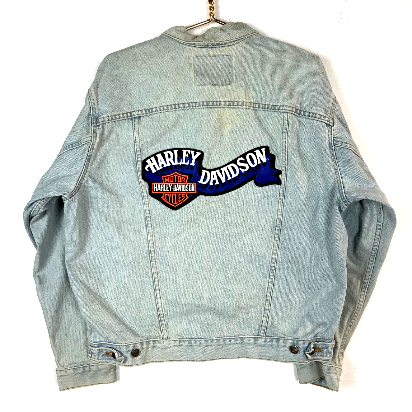 Vintage Levi’s Denim Jean Jacket Medium Blue Light Wash Harley Patch 90s