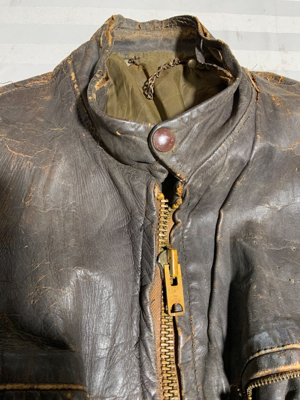 Vintage 1970s Leather Cafe Racer Jacket Medium Brown Full Zip Lined Distressed