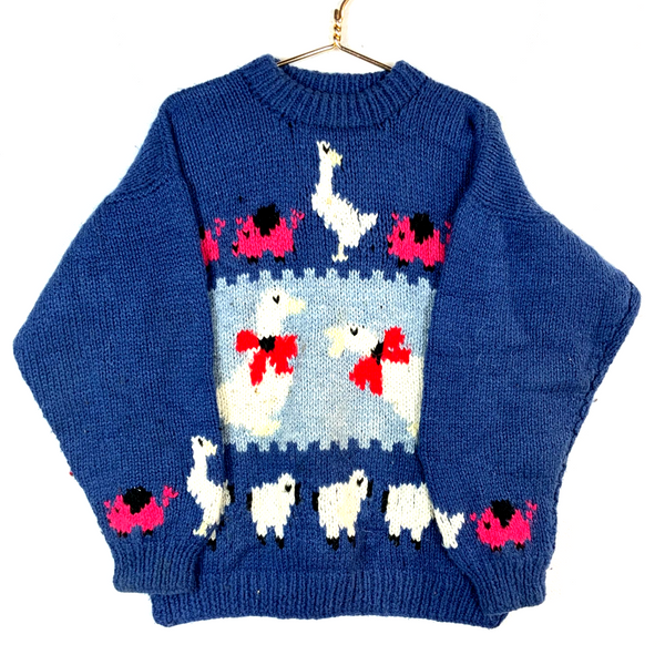 Vintage 1990s Grandma Wool Hand Knit Sweater Women’s Medium Blue Mock Neck