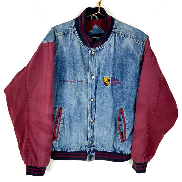 Vintage Porsche Denim Bomber Jacket Medium Blue Snap Button 1990s