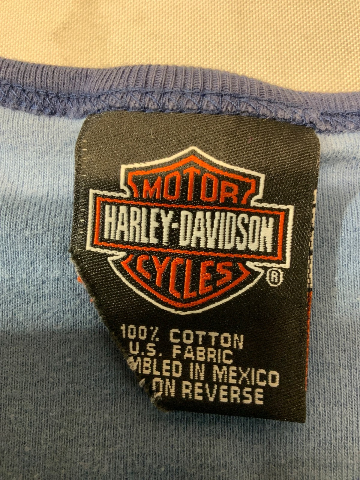 Vintage Harley Davidson 3/4 Sleeve Shirt Women's Small Blue Double Sided