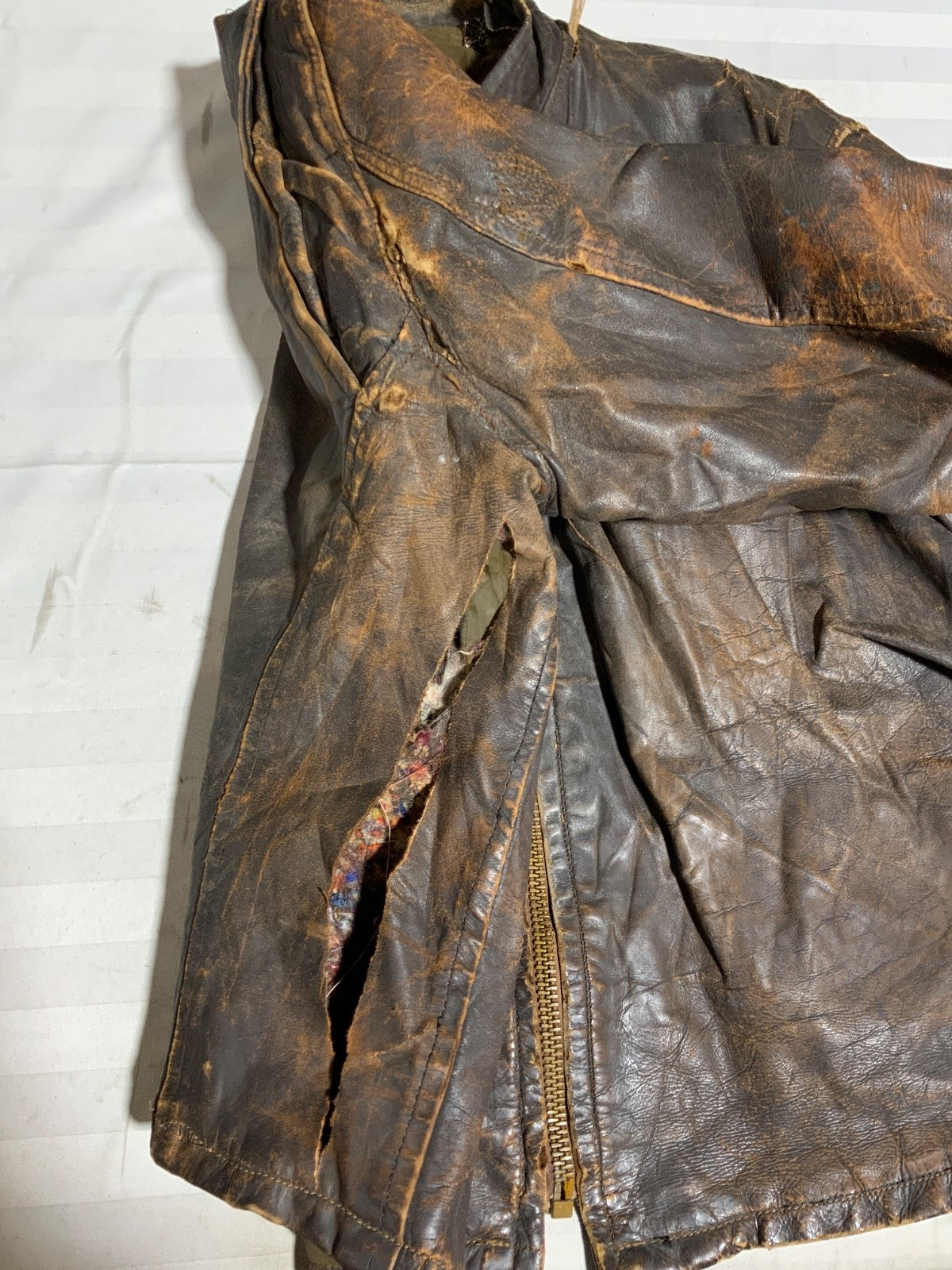 Vintage 1970s Leather Cafe Racer Jacket Medium Brown Full Zip Lined Distressed