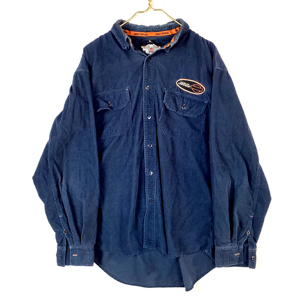 Vintage Harley Davidson Corduroy Shirt Size Large Blue Long Sleeve Button Up