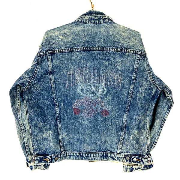 Vintage Wisconsin Badgers Denim Jean Jacket XL Blue Acid Wash 90s