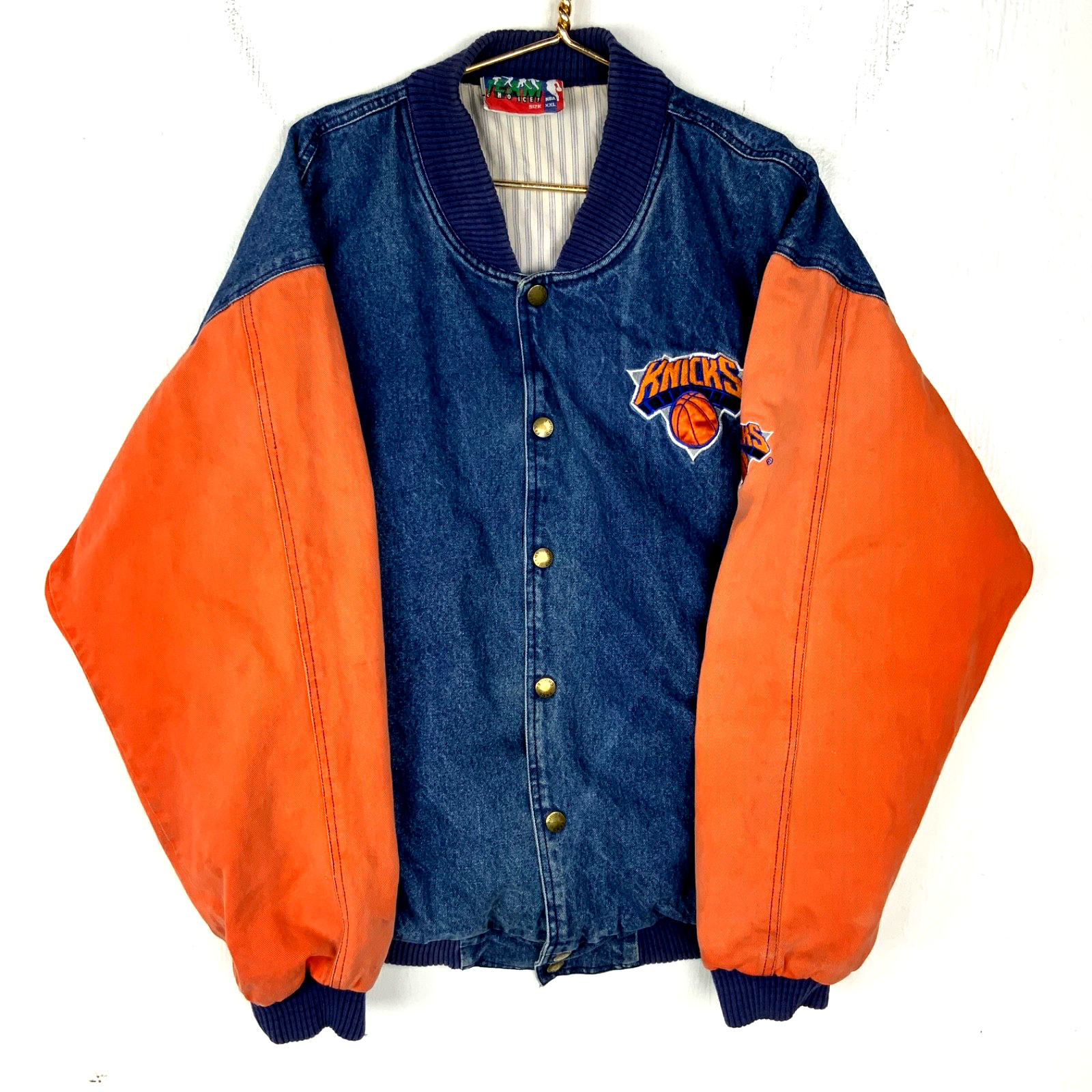 Vintage New York Knicks Denim Jacket 2XL Snap Button Blue Nba Varsity