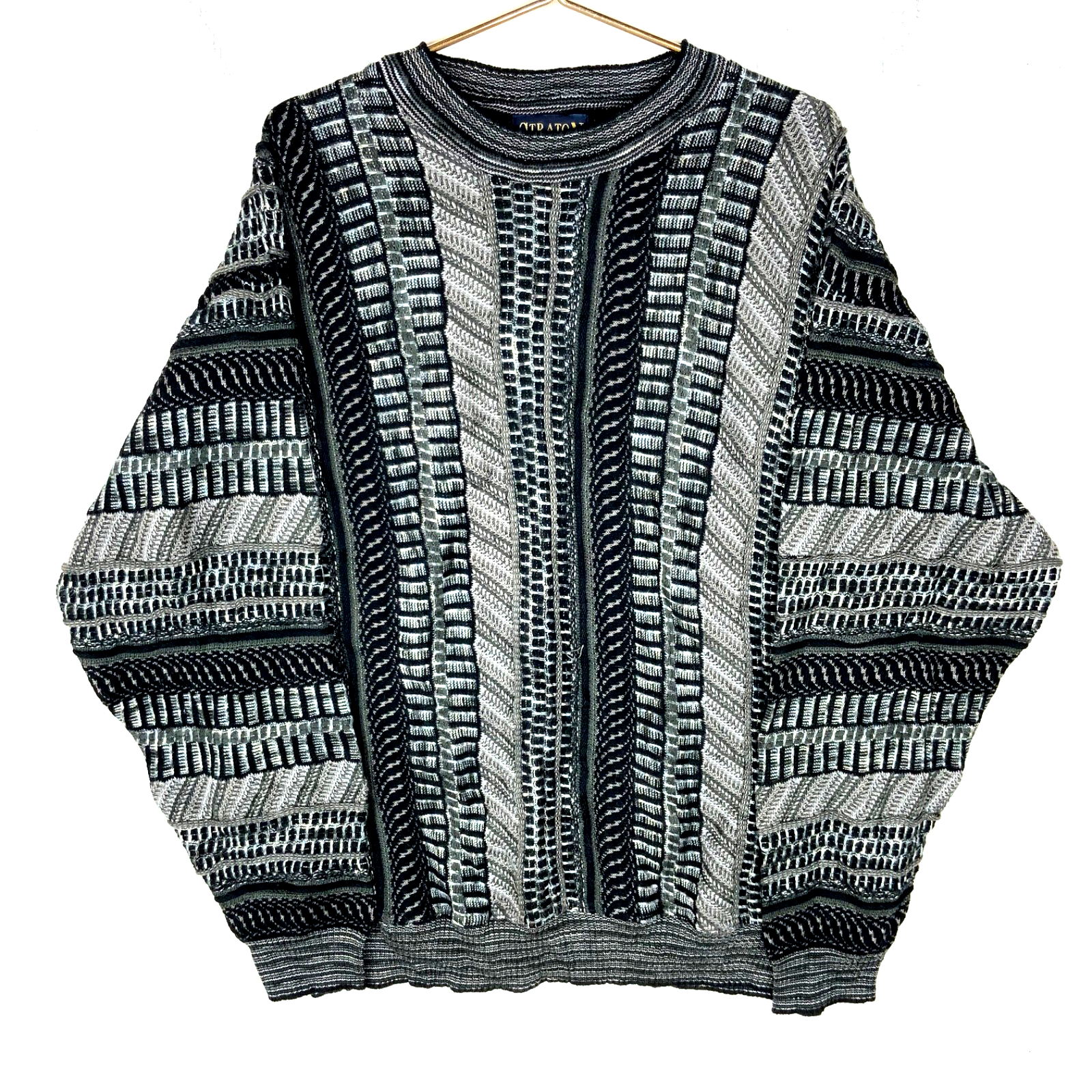 Vintage 3D Knit Sweater Large Gray Crewneck Pattern 90s