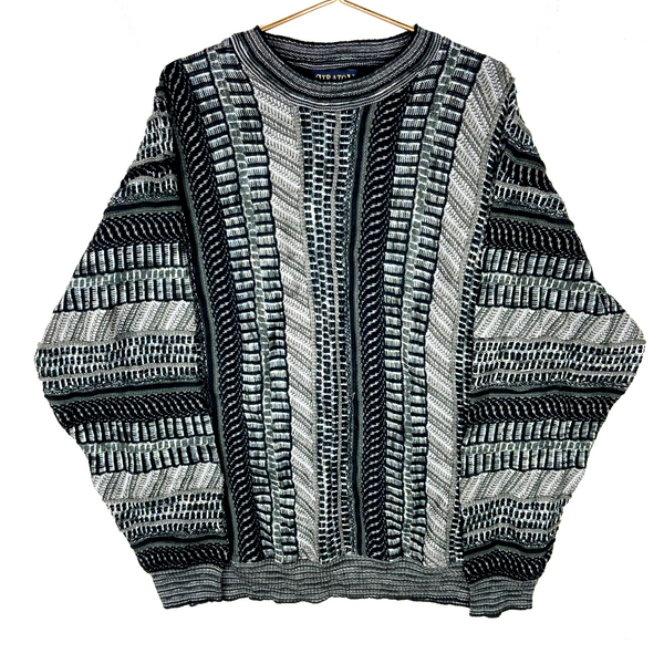 Vintage 3D Knit Sweater Large Gray Crewneck Pattern 90s