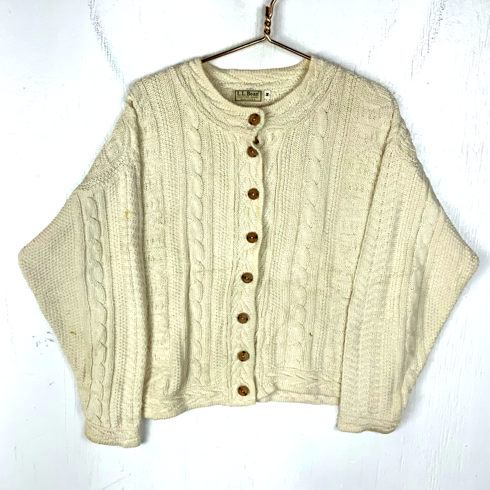 Vintage L.L. Bean Cable Knit Sweater Women’s Medium White Cardigan 90s