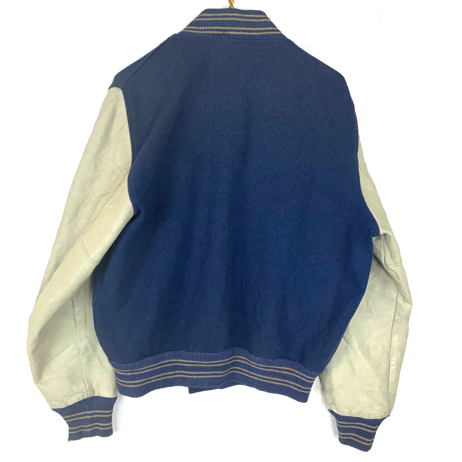 Vintage 1970s Butwin Wool Leather Jacket Large Blue Snap Button Varsity Bomber