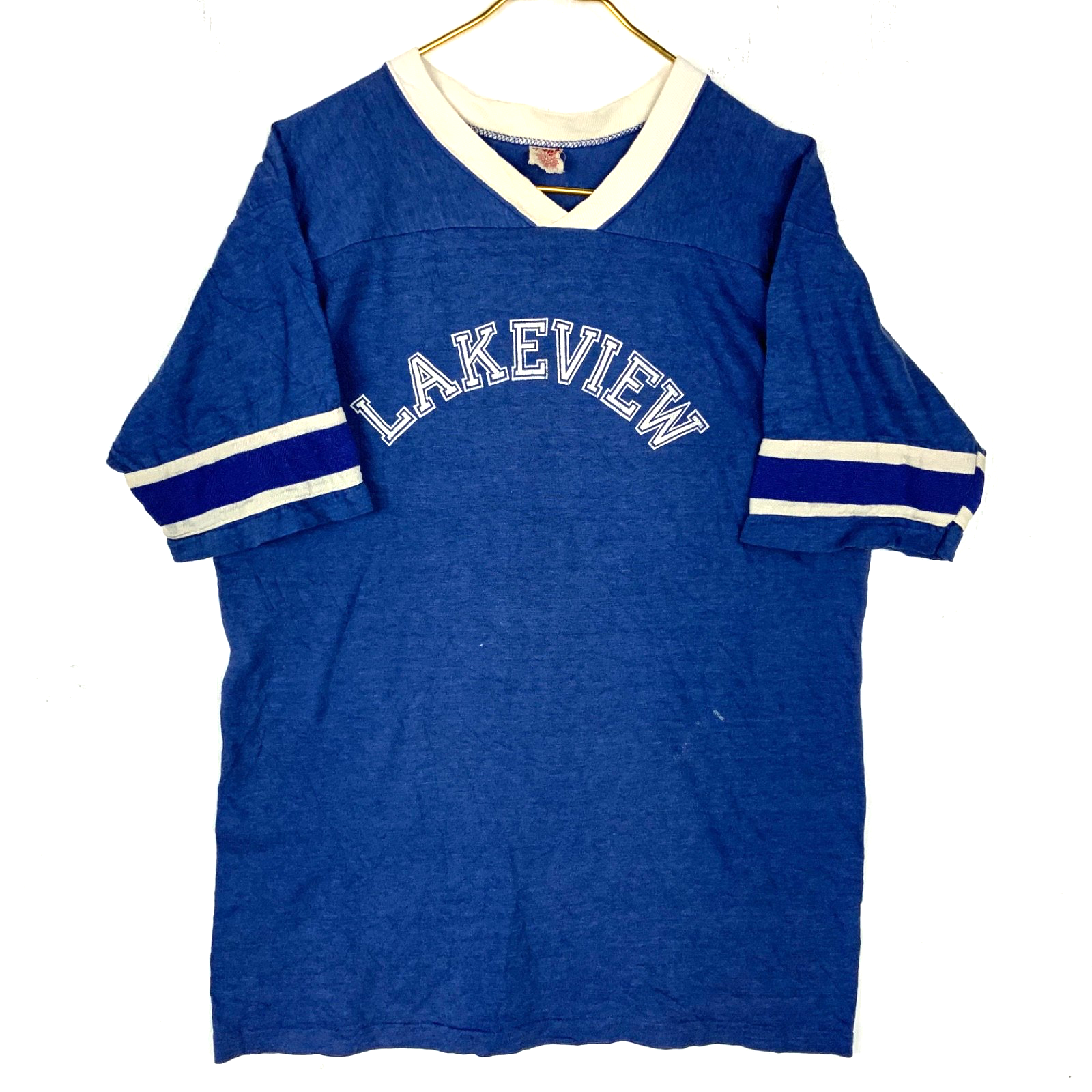 Vintage 1970s Wolf T-Shirt Size XL Blue V-Neck Single Stitch Lakeview