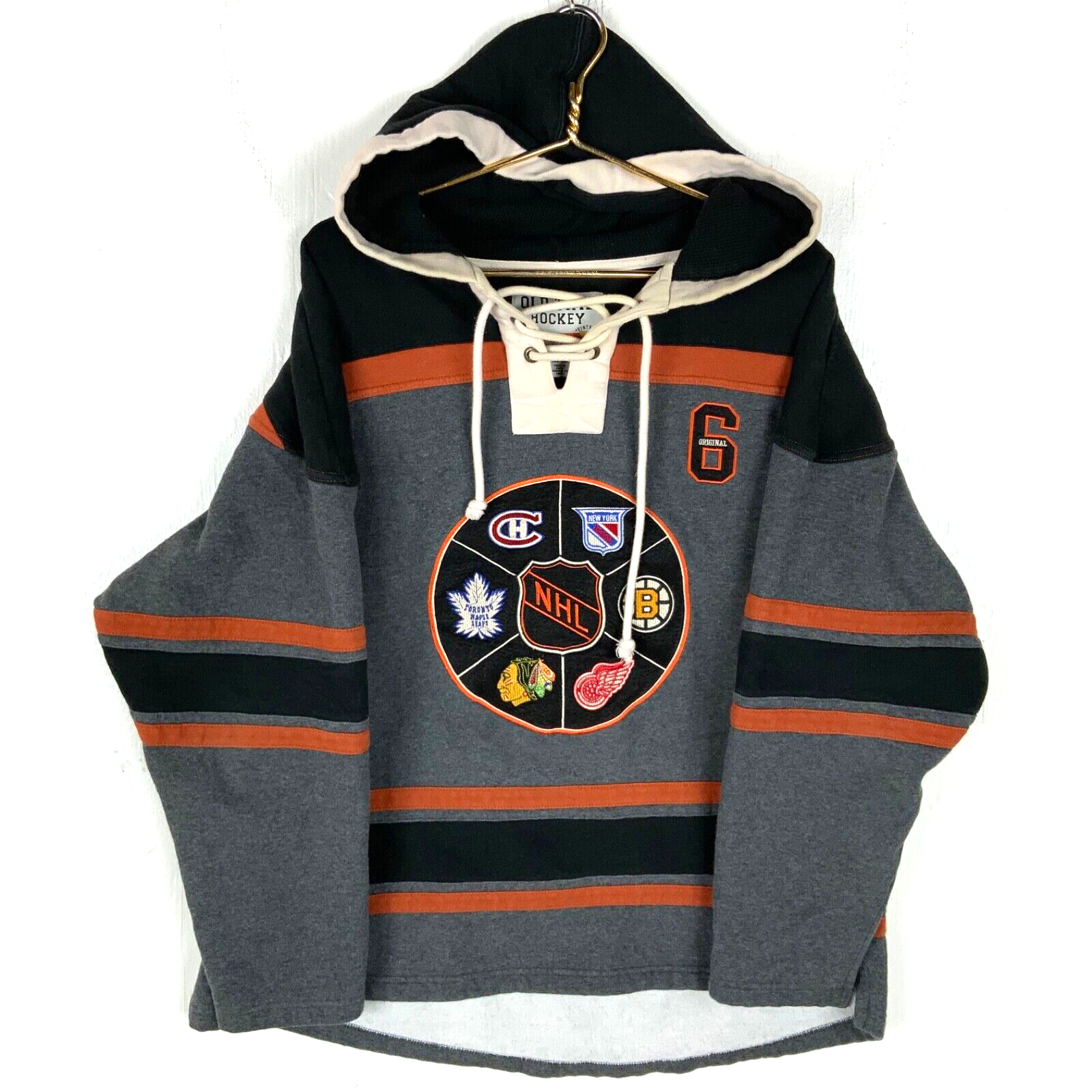 Original Six Old Time Hockey Sweatshirt Hoodie Size Large Gray Nhl Embroidered