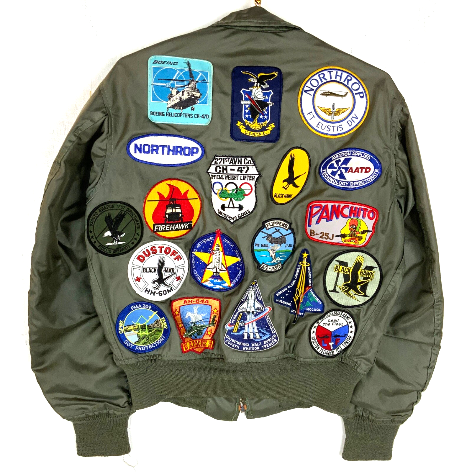 Vintage Us Military Cwu 36/p Flyers Jacket Medium Green Full Zip Patchwork 1988